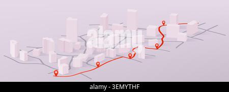 3D isometric city map with red gps marks and navigation route, vector illustration. White town buildings, car road and location pins, urban streets for travel tracking system on pastel background Stock Vector