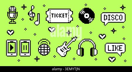 Pixel art music icons set isolated on pink background. Vector set of 8-bit computer symbols for radio or media player software ui, retro 90s headphones, guitar, notes, heart and cd designs Stock Vector