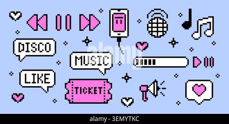 Pixel art music icons set isolated on blue background. Vector set of 8-bit computer symbols for radio or media player software ui, retro 90s disco ball, speaker, notes, heart and ticket designs Stock Vector