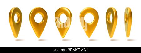 Golden 3D map pins, vector icons isolated on white background. GPS location marker for navigation apps, travel routes, and destination points with realistic design. Geo tags in different positions Stock Vector