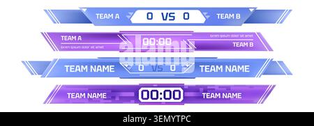 Professional soccer scoreboard templates with lower third display for live match broadcasts. Realistic vector panels with team names, game scores, and timer elements for sports tournaments Stock Vector