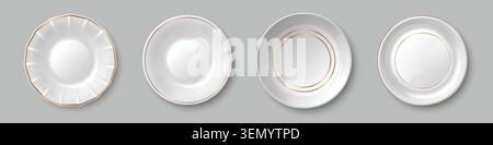 Empty white plates of different shape isolated on background. Vector realistic illustration of round clean dishes with gold line, top view, food presentation mockup, restaurant menu or kitchen design Stock Vector