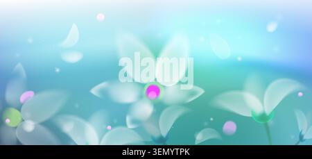 Spring abstract background with soft gradient sky, blurred green leaves and delicate flower petals flying with wind, vector illustration. Fresh seasonal backdrop with pastel colors and natural light Stock Vector