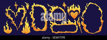 Fire doodle frames set with blazing flames isolated on black background. Vector realistic illustration of burning border and corner designs, round, star and heart shape elements for sketch graphic Stock Vector