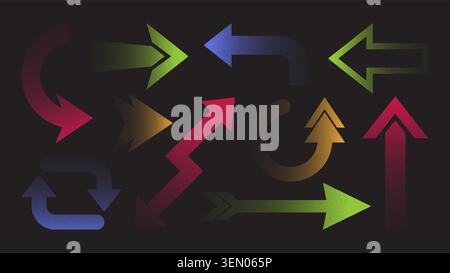 Halftone gradient arrow icons with dot pattern, digital vector set isolated on black background. Color directional symbols, progress and success geometric shapes for modern design Stock Vector