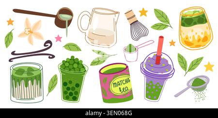 Matcha drink icons isolated on white background. Vector doodle illustration of hand drawn green leaves, powder, iced matcha coffee with fruit juice, latte bubble tea, kettle, whisk for cafe menu Stock Vector
