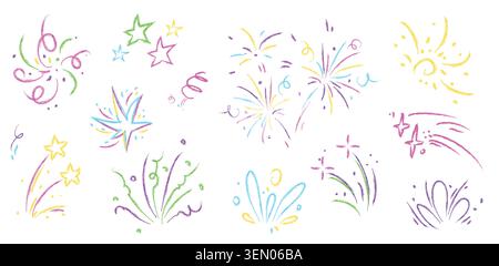 Crayon doodle fireworks set with color bursts and stars. Vector realistic illustration of hand drawn pastel pencil sketch elements for celebration designs, party invitations, festive summer background Stock Vector
