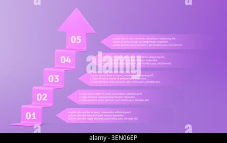 3d infographic 5 steps stair with arrow, abstract business growth process, vector background. Lilac staircase diagram with progress levels and success strategy for corporate presentations Stock Vector