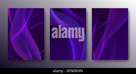 Abstract purple wave posters with flowing digital curvy lines on gradient background. Modern vector tech design for business presentations, corporate banners, futuristic templates, brochure cover Stock Vector