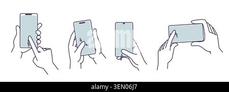 Hand holding smartphone with finger touching screen. Set of vector icons with person tapping and scrolling mobile device screen, simple sketch for app design, digital communication technology symbol Stock Vector