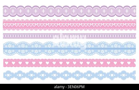 Delicate pink blue lace borders with scalloped edges, hearts, floral pattern, realistic vector seamless design isolated on background. Retro trim frame for vintage scrapbook design, wedding invitation Stock Vector