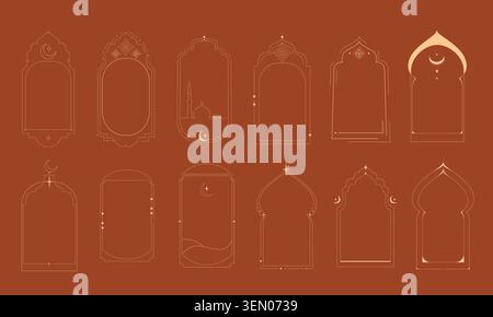 Boho style traditional Islamic arches set on red. Vector realistic illustration of golden line Islamic frames with ornamental mosque silhouette and celestial design elements, religious poster design Stock Vector