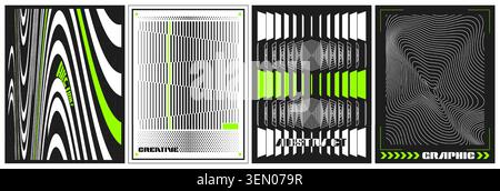 Abstract geometric brutalist y2k posters, black white pattern. Vector realistic illustration of retro banners with distorted wireframe shapes, cyberpunk design graphics, futuristic illusion 3d flyers Stock Vector