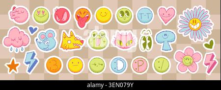 Trendy Y2K sticker pack with groovy smiling faces, heart and flowers, mouse, frog and cat retro cartoon vector icons. Cute happy and sad emoticons patch with eyes in cool pop art style Stock Vector