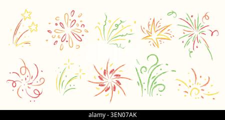Crayon doodle fireworks set with color bursts and stars. Vector realistic illustration of hand drawn pastel pencil sketch elements for celebration designs, party invitations, festive summer background Stock Vector