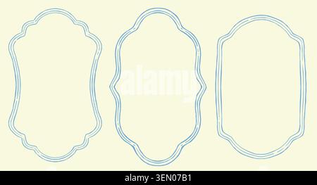 Set of vector rectangular frame with jagged, vibrant hand-drawn lines. Line drawing of a vintage blue frame with rounded and patterned edges Stock Vector
