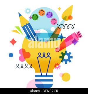 Light bulb filled with art supplies. Watercolor palette, brush, pencil, marker vector flat geometric illustration. Creative concept for art, design, e Stock Vector