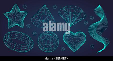 3D geometric shapes with Y2K wireframe grid texture. Vector realistic illustration of neon blue globe, heart, diamond, torus icons, retro futuristic mesh landscape, design elements for tech background Stock Vector