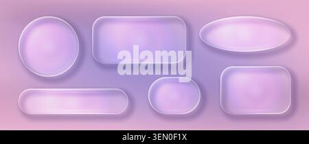 Transparent glass UI buttons set isolated on background. Vector realistic illustration of round, rectangular, oval frames with frosted effect, modern glass morphism design elements for web interface Stock Vector