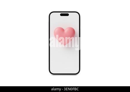 3d rendering of a phone with a clean, minimal design, displaying a pink love heart notification badge on its white screen. Stock Photo