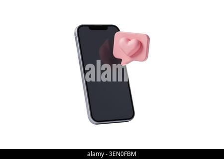3d rendering of a sleek smartphone with a pink heart-shaped speech bubble notification appearing on its dark screen. Stock Photo
