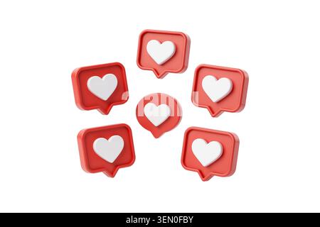 3d rendering of a set of red rounded speech bubble notification icons, each featuring a white heart, arranged in a circular pattern. Stock Photo