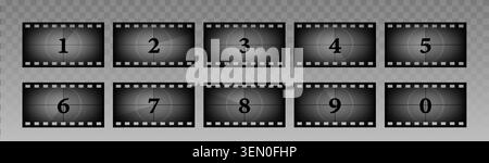 Vintage countdown timer with movie film strip frames and retro cinema screen numbers for classic projector animation, realistic vector grey illustrations isolated on transparent background Stock Vector