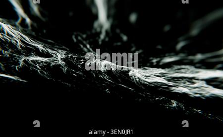 Abstract black and white depiction of fluid, wave-like motion, resembling flowing water. Illustration, rendering Stock Photo