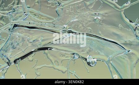 Abstract close-up of liquid droplets and flowing waves on a green background. Illustration, rendering Stock Photo