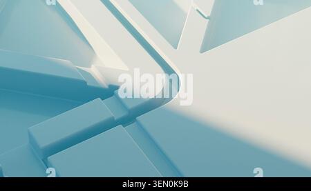 Abstract geometric pattern with blue and white 3D shapes forming intersecting lines. Illustration, rendering Stock Photo