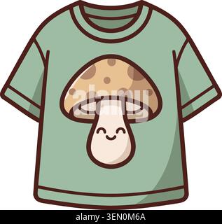 Illustration of a green short sleeve T shirt featuring a cute smiling mushroom graphic centered on the front Stock Vector