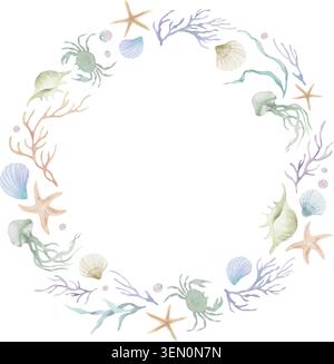 Watercolor Pastel Ocean Wreath. Hand Painted Marine Life Sea Shell Flower Frame Border, Underwater Coral Reef Jellyfish Starfish Invitation.Vector. Stock Vector