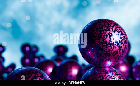 Vibrant metallic purple spheres against a soft blue bokeh background. Illustration, rendering Stock Photo