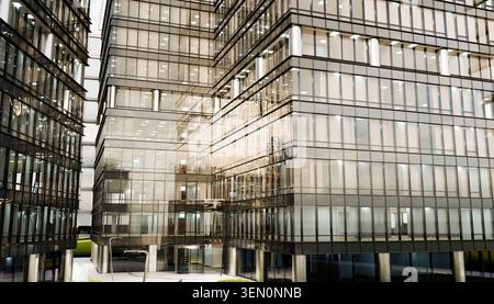 Modern glass office buildings with reflective surfaces and geometric architecture. Illustration, rendering Stock Photo