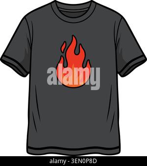 Illustration of a dark gray short sleeve T shirt featuring a bold red orange flame symbol on the front Stock Vector