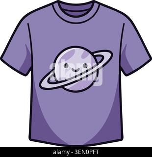 Illustration of a purple short sleeve T shirt featuring a smiling ringed planet character in the center Stock Vector