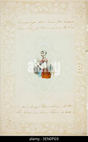Language Did Have Yet by Unknown Artist, c. 1850, depicting a woman in traditional dress holding wheat sheaves, ornate lace-bordered Valentine card with handwritten verse Stock Photo