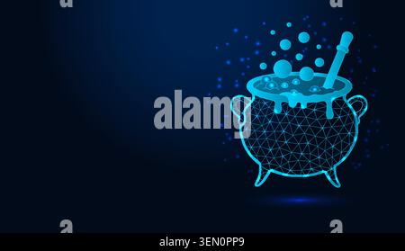 Polygonal low poly wireframe witch cauldron boiling magic potion on dark blue background. Stock Vector