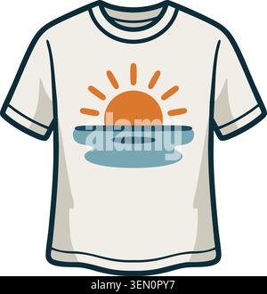 Illustration of a white short sleeve T shirt featuring a warm sunrise above calm blue water on the front Stock Vector