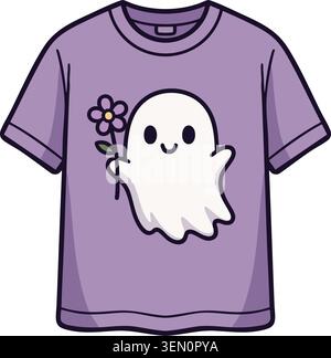 Illustration of a purple short sleeve T shirt featuring a smiling ghost character holding a small flower on the front Stock Vector