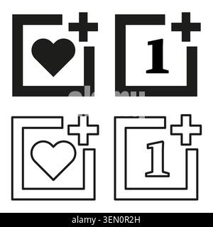 Square plus icons with heart and number one symbols vector. Perfect for application user interface and web notification graphics. EPS 10. Stock Vector