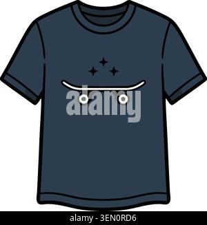 Illustration of a dark blue short sleeve T shirt featuring a skateboard with small star accents above it Stock Vector