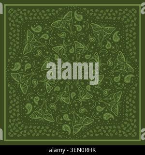 Monochrome olive paisley bandana print with luna moths butterflies and crescent moons, star motifs scattered on dark green background Stock Vector