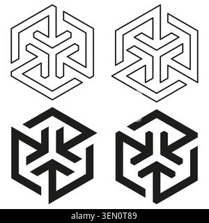 Abstract hexagon logo set with inward pointing arrows vector. Ideal for technology branding and modern business identity graphics. EPS 10. Stock Vector