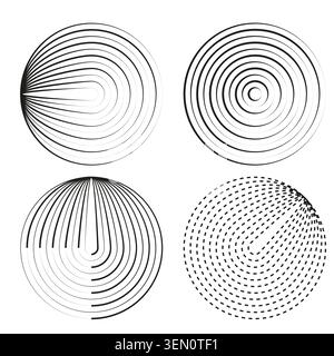 Monochrome geometric circle line art elements vector. Graphic supports technology branding and data visualization projects. EPS 10. Stock Vector