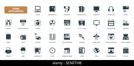 Household appliances and consumer electronics symbols showing kitchen, cleaning, climate and media devices for domestic technology use black solid icons set vector illustration Stock Vector