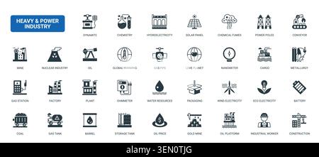 Heavy power industry symbols showing energy production, mining, oil, gas, metallurgy, factories and utility infrastructure for industrial themes black solid icons set vector illustration Stock Vector