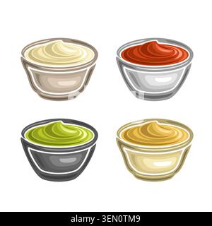 Vector Various Sauce Set, group of 4 cut out illustrations ceramic dip bowls with natural assorted sauces, collection of cartoon design homemade gourm Stock Vector