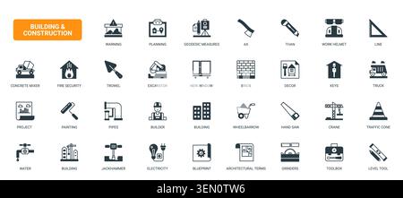 Building construction symbols showing tools, machinery, safety gear and architectural planning elements for engineering, renovation and site work black solid icons set vector illustration Stock Vector
