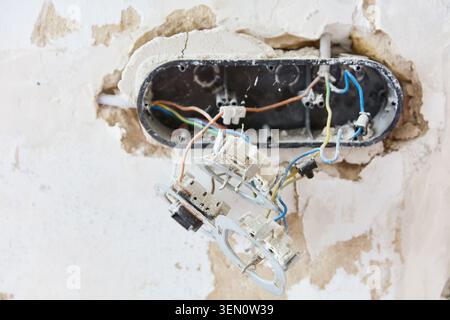 This captures the raw state of an electrical renovation project in an old Berlin apartment. Stock Photo